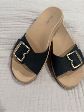 Dr. Scholl's Black Slide Mules with Gold Buckle Accent size 6